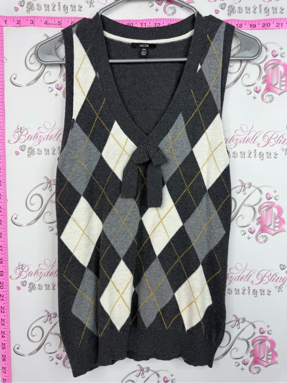 Jacob tank ribbon bow Charcoal Gray White Argyle V-Neck Sweater Vest